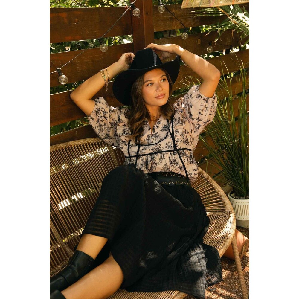 NFS Umgee Ruffled Tie Neck Puff Sleeve Babydoll Blouse - Picture 2 of 5